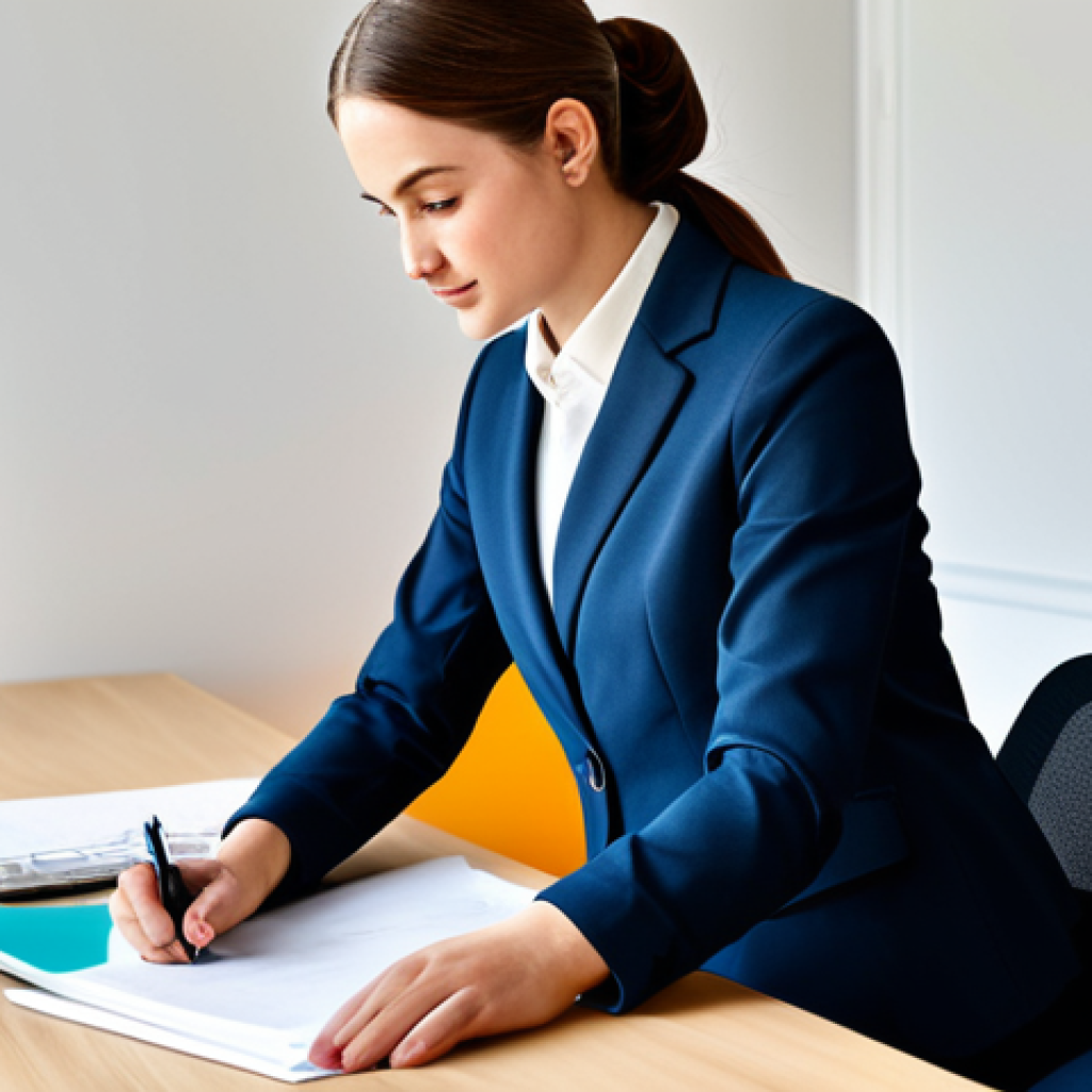 규제준수 자격 취득 후의 업무 환경 변화 - A young professional in a modest business suit, working at a desk in a modern office, fully clothed,...