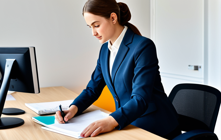 규제준수 자격 취득 후의 업무 환경 변화 - A young professional in a modest business suit, working at a desk in a modern office, fully clothed,...