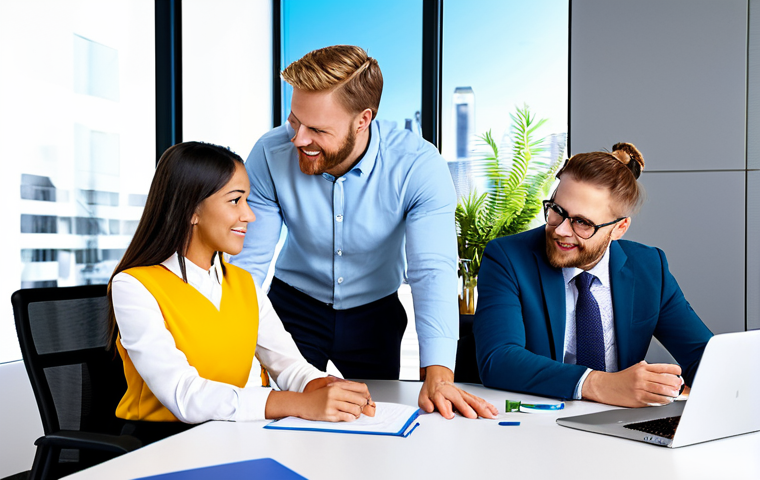 규제준수 자격 취득 후의 업무 환경 변화 - A young professional in a modest business suit, working at a desk in a modern office, fully clothed,...