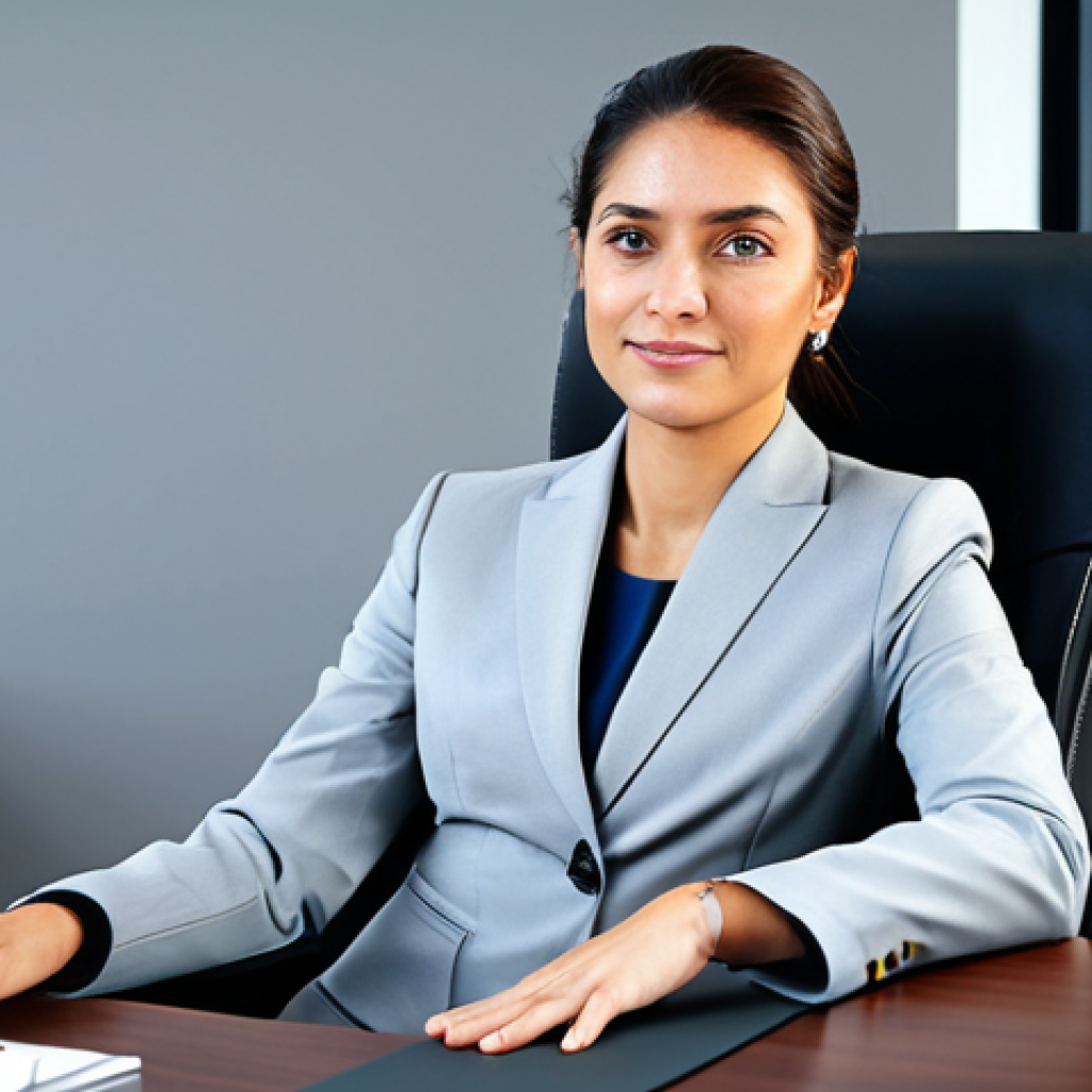 규제준수 업무 효율화 방안 - "A professional businesswoman in a modest business suit, sitting at a desk in a modern office, fully...