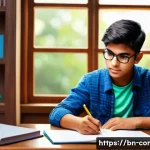 규제준수 실기 시험 준비 방법 - A detailed, realistic study scene featuring a young Bengali student preparing for an exam at a woode...