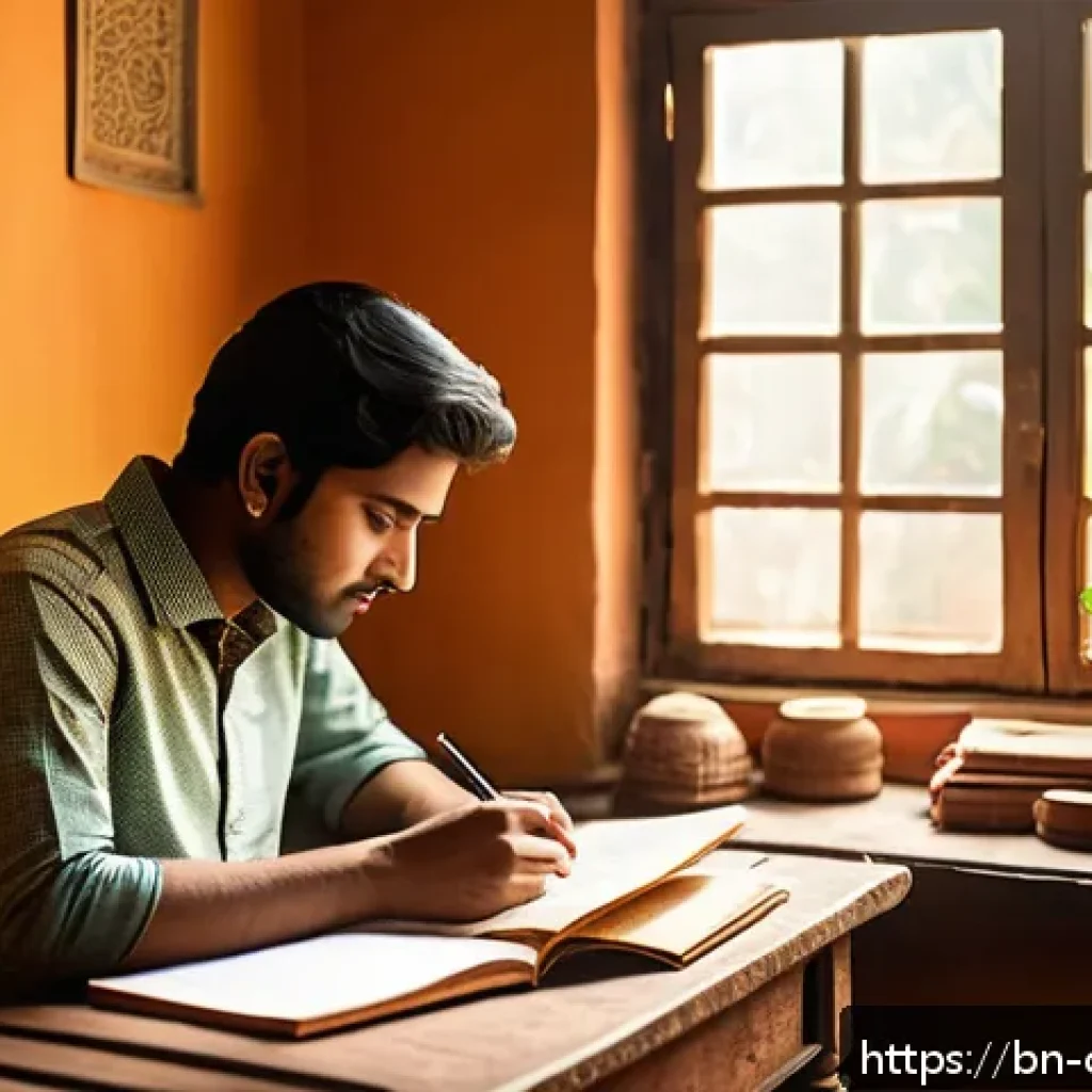 규제준수 분야 이직 준비사항 - A thoughtful Bengali young adult sitting at a wooden desk in a cozy, sunlit room filled with books a...