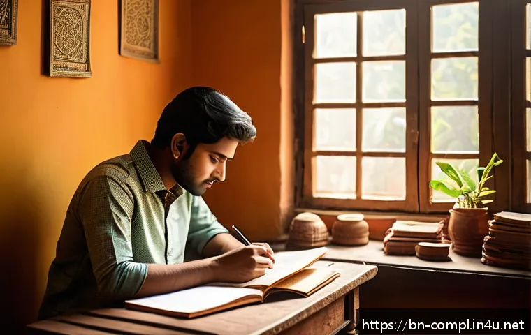 규제준수 분야 이직 준비사항 - A thoughtful Bengali young adult sitting at a wooden desk in a cozy, sunlit room filled with books a...
