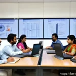 Home 23 규제준수 실무 문서 작성법 - A professional office environment showing a diverse team of Bengali professionals engaged in a docum...