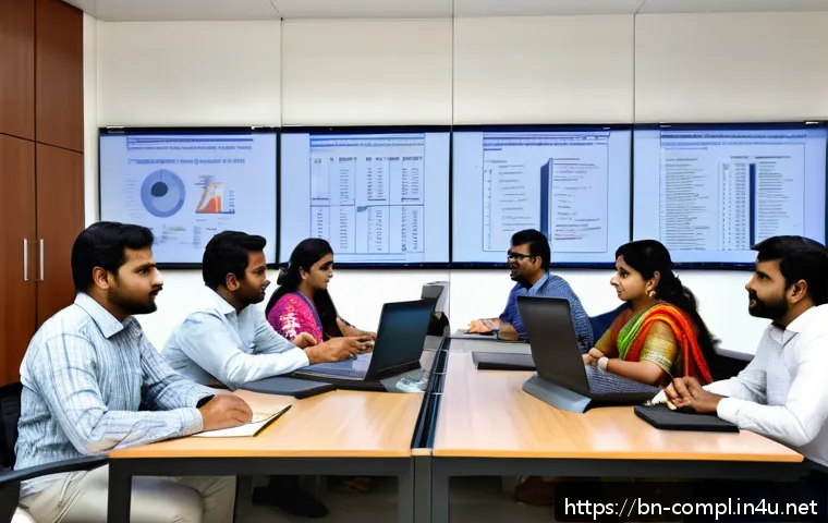 규제준수 실무 문서 작성법 - A professional office environment showing a diverse team of Bengali professionals engaged in a docum...